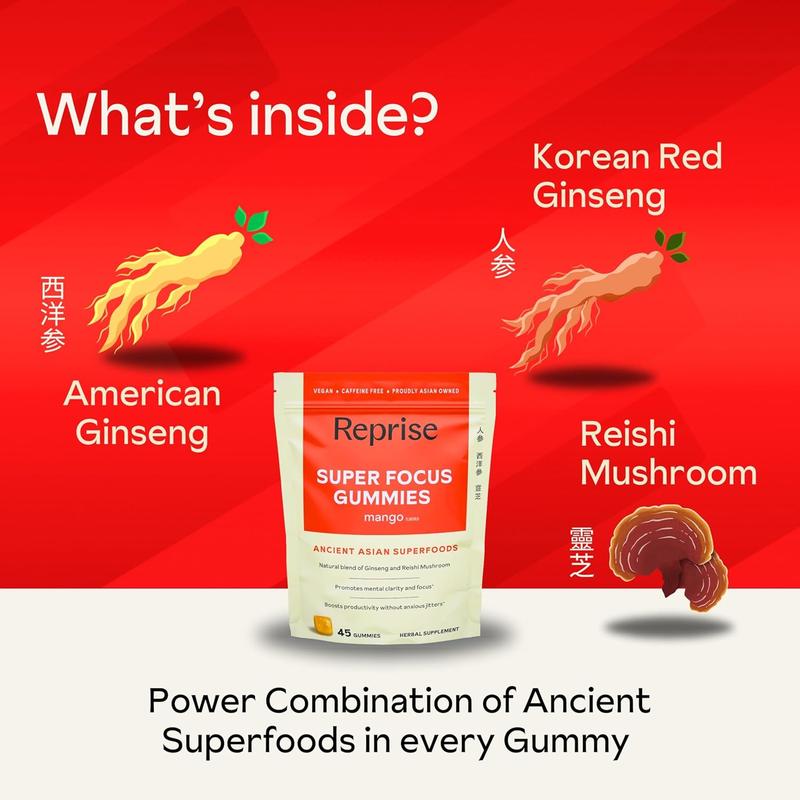 Super Focus Gummies for Adults | American & Korean Ginseng with Reishi Mushroom extracts | All Natural Gummies for Focus, Mood, and Energy | Mango Flavored | 45 Count