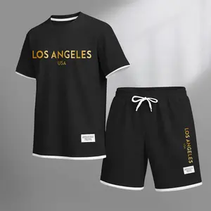 Men's Golden Los Angeles Print Waffle Fabric Short-Sleeved Shirt And Shorts Set