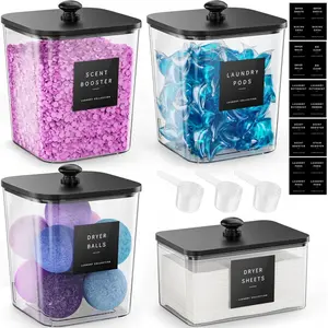 4 Pack Laundry Pods Container, Clear Laundry Room Organization Containers,Large Laundry Detergent Powder Storage Containers Black Wooden Lids & Labels, Acrylic Laund