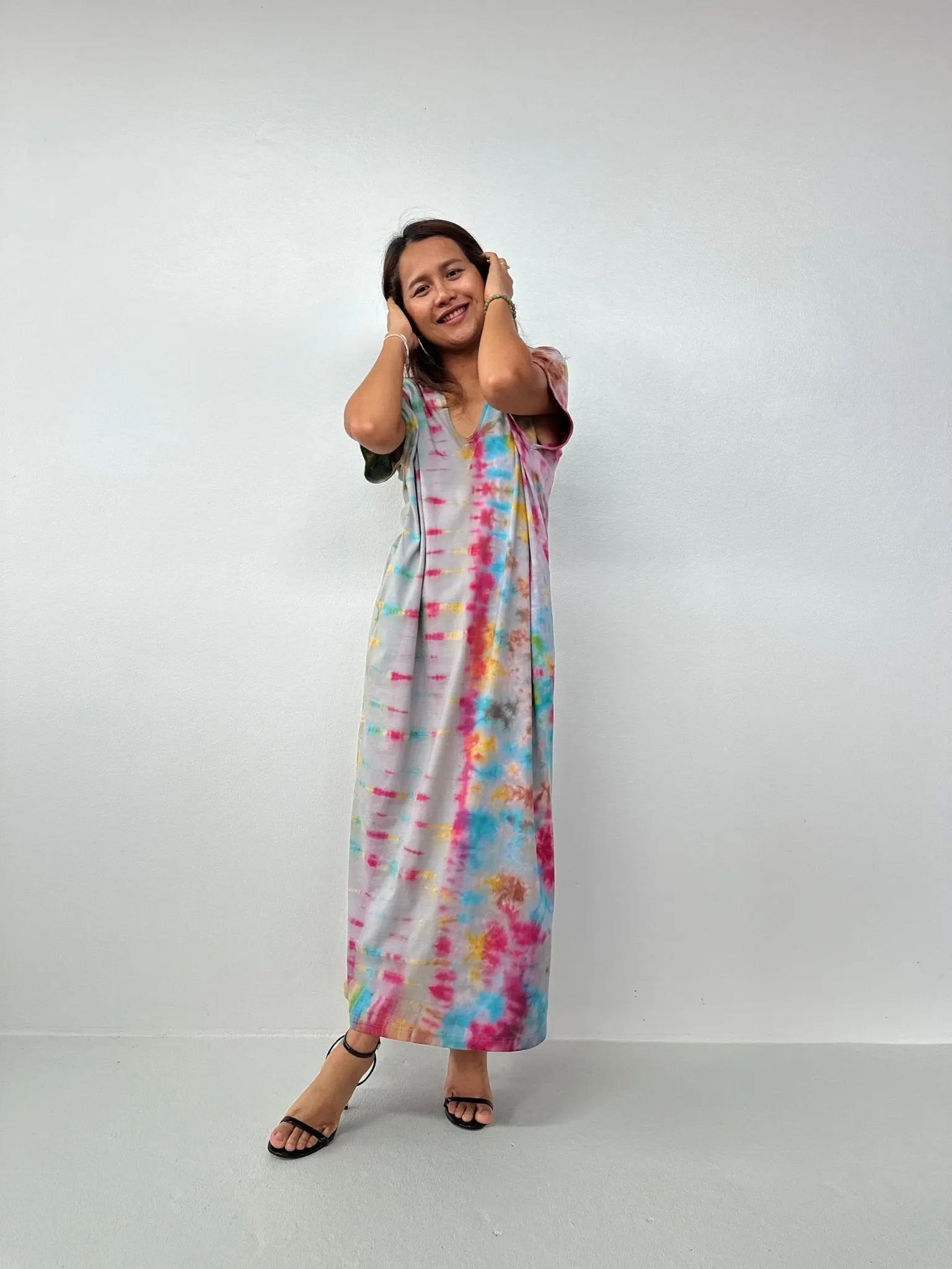 Women's Petite Soft Tie-Dye Rainbow Jersey Cotton Kaftan Dress - Gray, Casual, Belt-Optional, Rainbow Print, Soft Texture, Precise Neckline/Hem Placement Statement Piece