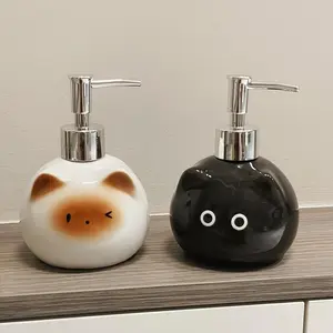 Cute Cat and Cat Ceramic Soap Dispenser Ounce, Refillable Pump Bottle for Liquid Soap Shampoo and Kitchen Cleaners, Modern Bathroom Accessory or Kitchen Decor