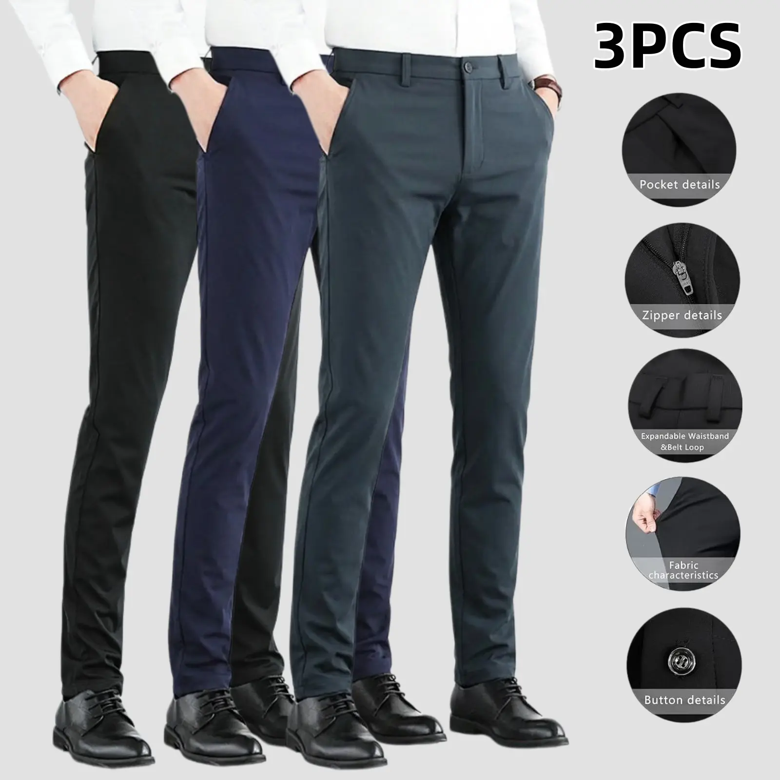 Men's 3-Pack Slim Fit Chino Pants, Straight-Leg Stretch & Wrinkle-Resist Trousers for Chic Business Casual Menswear, Button, Stretch Polyester Masculine Business Work Clothes, All Seasons, Plain, Polyester Blend, Mid Waist
