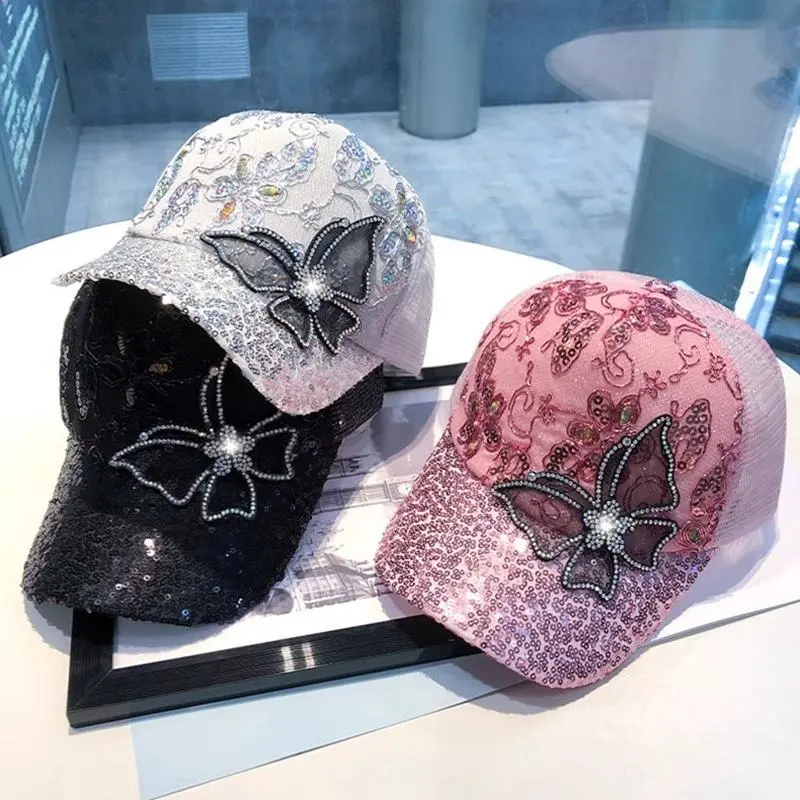 Women’s Baseball Cap, Korean Summer Mesh Sun Hat With Rhinestone Butterfly Sequins, Breathable Mesh Curved Brim Fashion Visor Cap For Beach Daily Vacation Wear