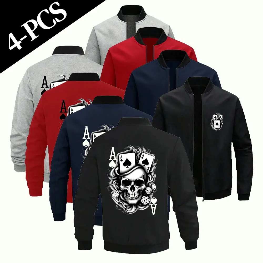 Skull Spade Ace Poker Dice Print Bomber Jacket Unisex Stand Collar Zipper Coat