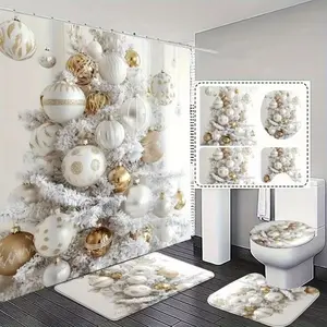 1/4 pcs Luxury white Christmas tree themed design, exquisite shower curtain set, non-slip mat, U-shaped rug, toilet seat cover, perfect for bathroom decoration, beautifies the space, includes 12 shower curtain hooks, Bathroom Decoration Accessories