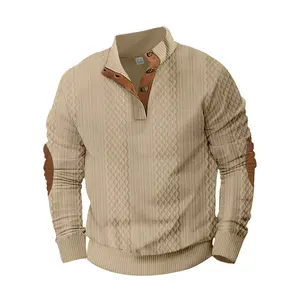 Men's retro British style long sleeve top with half-open collar and elbow leather patch design, knitted texture, suitable for multi-scene occasions, suitable autumn and winter wear, couple shirt, men's top, men's casual long sleeves.