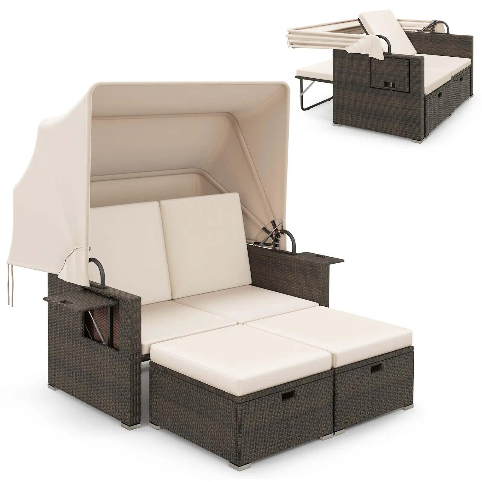 COSTWAY - Outdoor Patio Rattan Daybed with Retractable Canopy and Adjustable Backrests-Beige COSTWAY - Outdoor Patio Rattan Daybed with Retractable Canopy and Adjustable Backrests-Beige