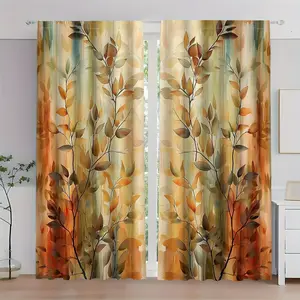 2-Piece, vintage leaf print rod curtains for bedrooms, living rooms, offices and kitchens - translucent art style design with warm orange, yellow and brown tones, polyester fabric, machine washable, living room curtains, Home Decoration Curtain