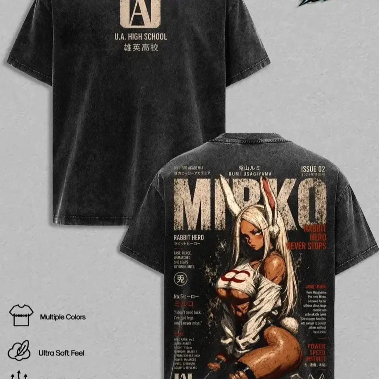 Mirko Rumi Usagiyama Vintage Washed Anime T Shirt - Rabbit Hero Graphic Tee Streetwear Shirt Retro Manga Oversized Heavyweight Cotton Unisex T-Shirt MHA Fan Gift for Men Women Apparel UTT