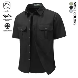 Men's Solid Color Button Front Collar Shirt, Casual Regular Fit Drop Shoulder False Collar Short Sleeve Top, Men's Uniform, Workwear, Outdoor Workwear, Breathable Soft Fabric, Suitable for Summer Wear, Stylish Men's Everyday Attire, Men's Top