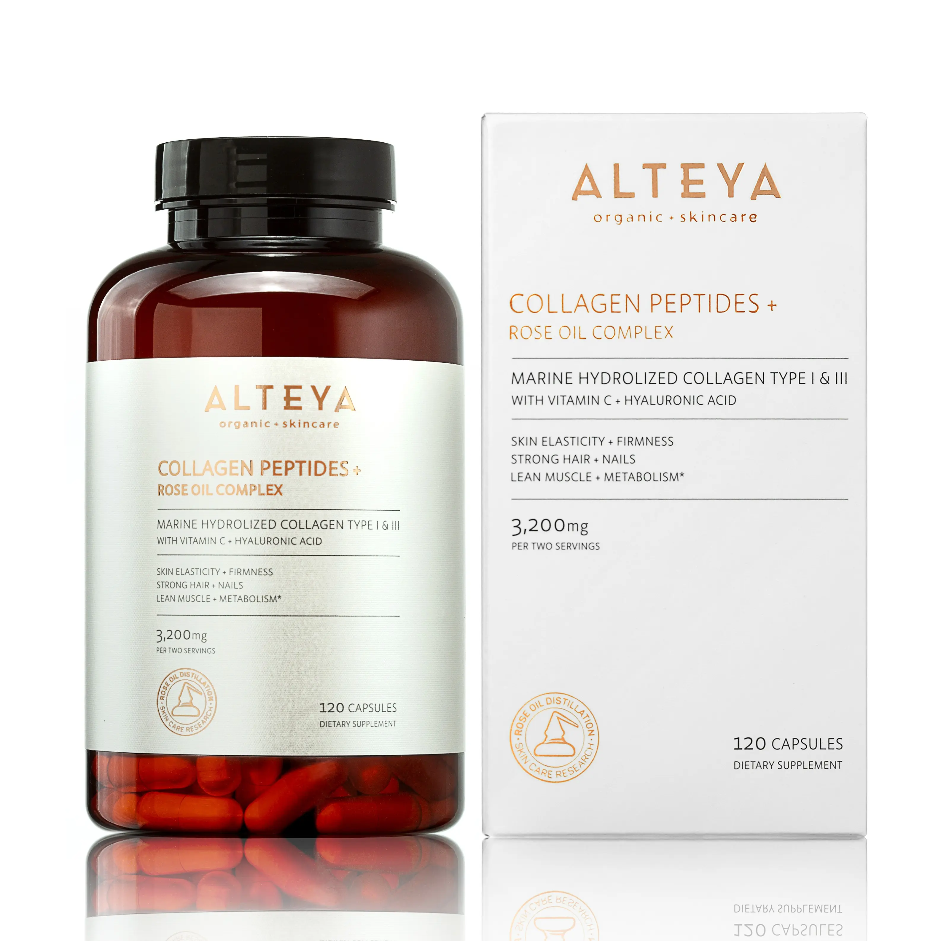 Collagen Peptides + Rose Oil Complex - Natural Beauty Supplements with Vitamin C and Hyaluronic Acid - For Elastic Skin and Strong Hair/Nails