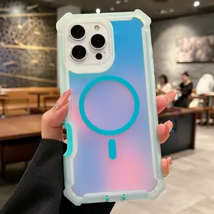 Luxury For Magsafe Laser Dazzling Armor Phone Case For iPhone 17 16 15 14 13 Pro Max Wireless Charging Dual Layer Protection Cover