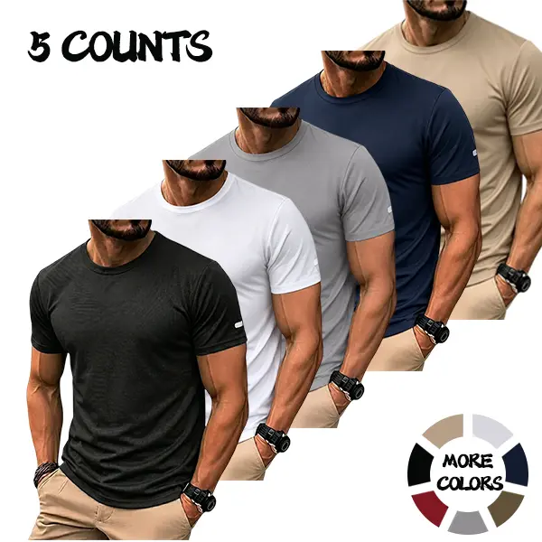 Men’s 5-Pack Classic Minimalist Slim Fit Short Sleeve Plain T-Shirts - Menswear, Slimming Soft Comfortable Crew Neck, Multiple Colors, Suitable for Everyday Casual Wear & Light Sports