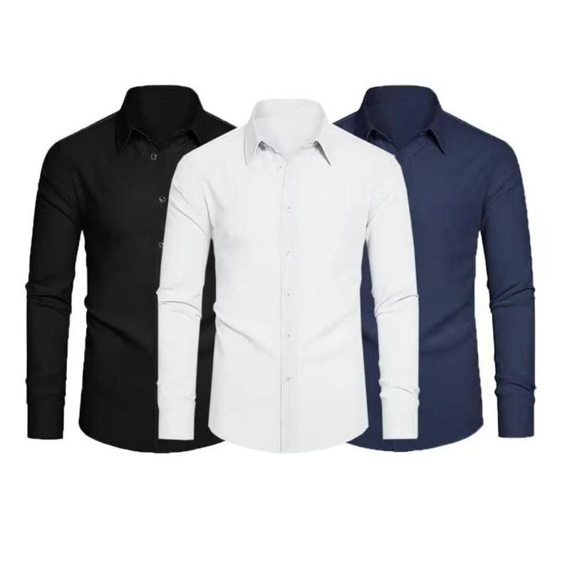 3-Piece Set Stretch and stain-resistant shirt, unisex.Shirts4-way Stretch Long Sleeve Collared Solid Wedding Dating Button Down Shirts Business Casual Breathable Outfits Menswear black logo