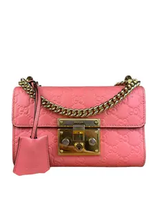 Pre-owned GUCCI Embossed Shoulder Bags GG Pink Leather Small Padlock Chain Bag