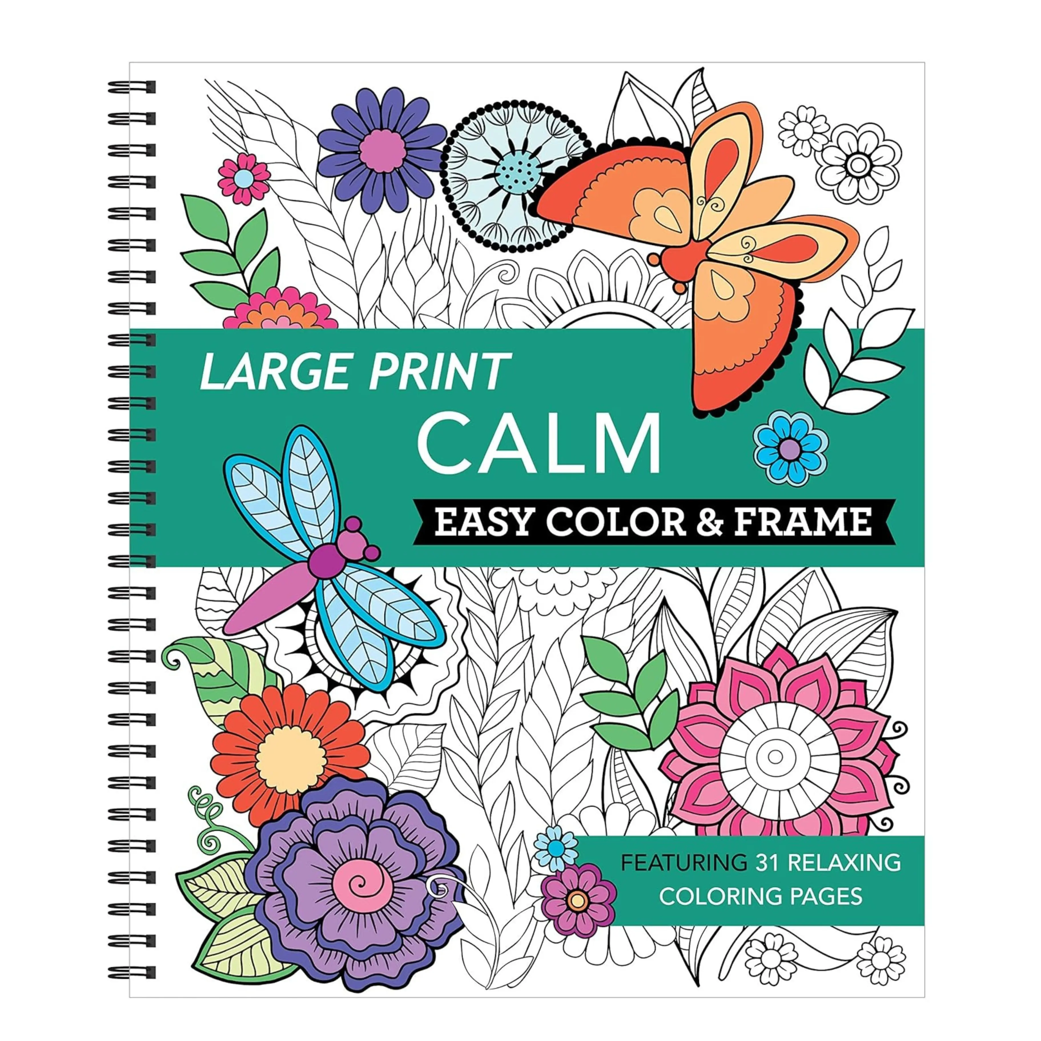 Calm Stress-Free Coloring Book for Art & Crafting Fun - 31 Calming Coloring Pages, 8x10 Inch Large Print, Spiral-Bound, Perforated Feathers & Sea Shells Pages, Easy to Frame, Paper
