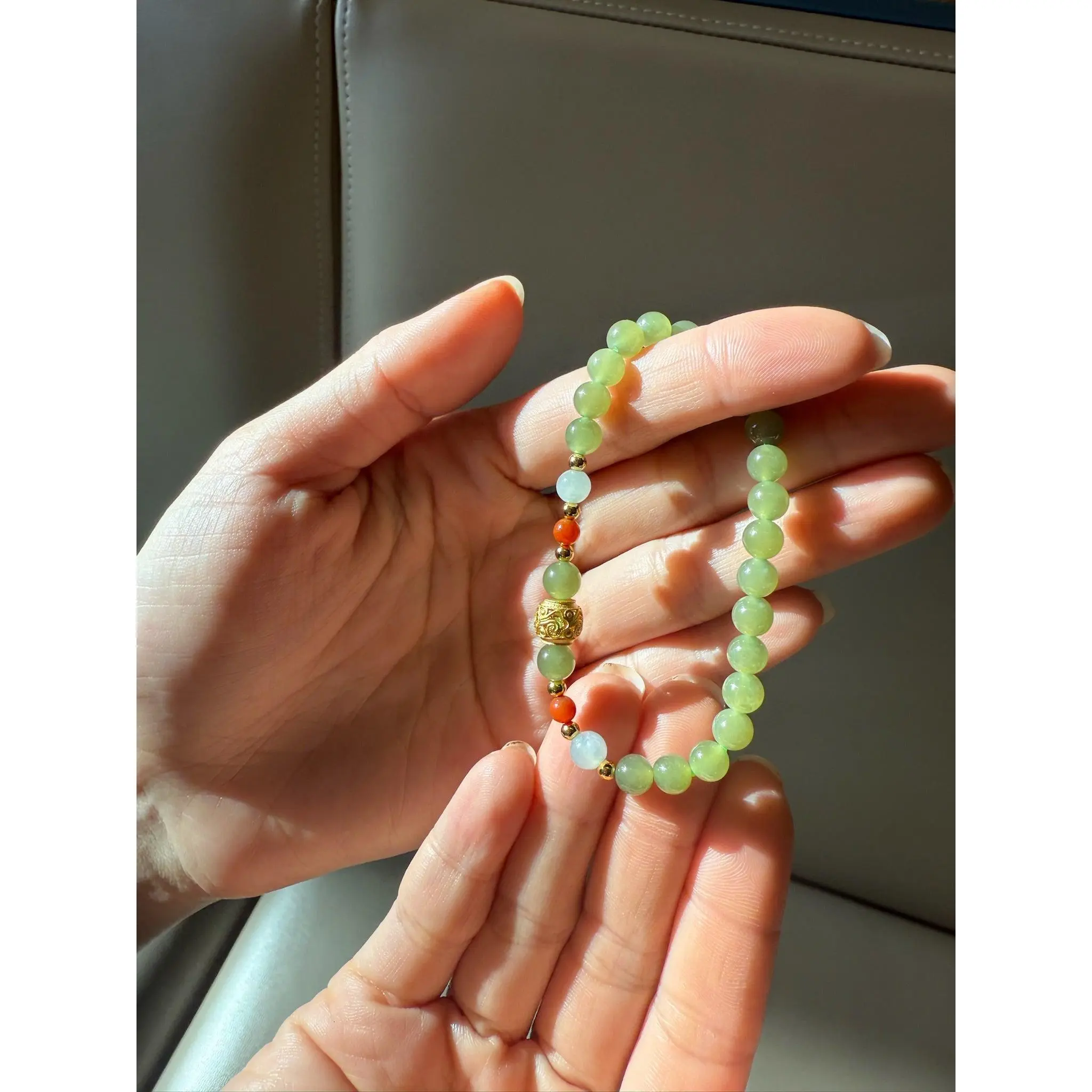 Dainty Nephrite Jade Bead Bracelet with Orange Agate