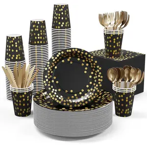 Black and   Supplies - 350 count Disposable Dinnerware Set - Black Paper Plates Napkins Cups,  Plastic Forks  Spoon for Halloween, Graduation, Birthday,