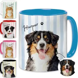 Personalized Pet Line Art Mug - Custom Dog Portrait with Name, Striped Background, Customizable Color for Dog Moms, Pet Lovers, Ideal Birthday, Christmas, or Holiday Gift