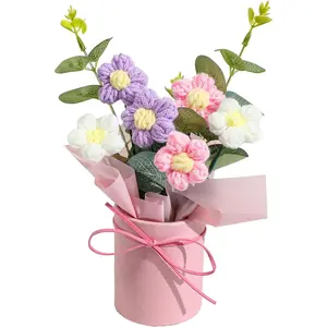 Crochet Daisy  Bouquet,  Daisy Artificial  with Card for Mother's Day, Birthday, Wedding,  Decor, Teacher's Day, Grandma Bday  (Purple)