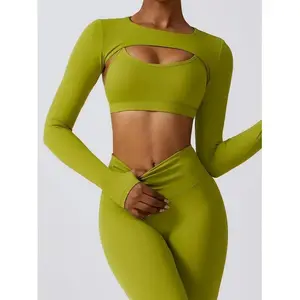 Women's Seamless Sports Bra High Waist Fitness Leggings One Piece Yoga Workout Outfit Long Sleeve Zip Up Gym Sportswear Ribbed Crop Tank Top