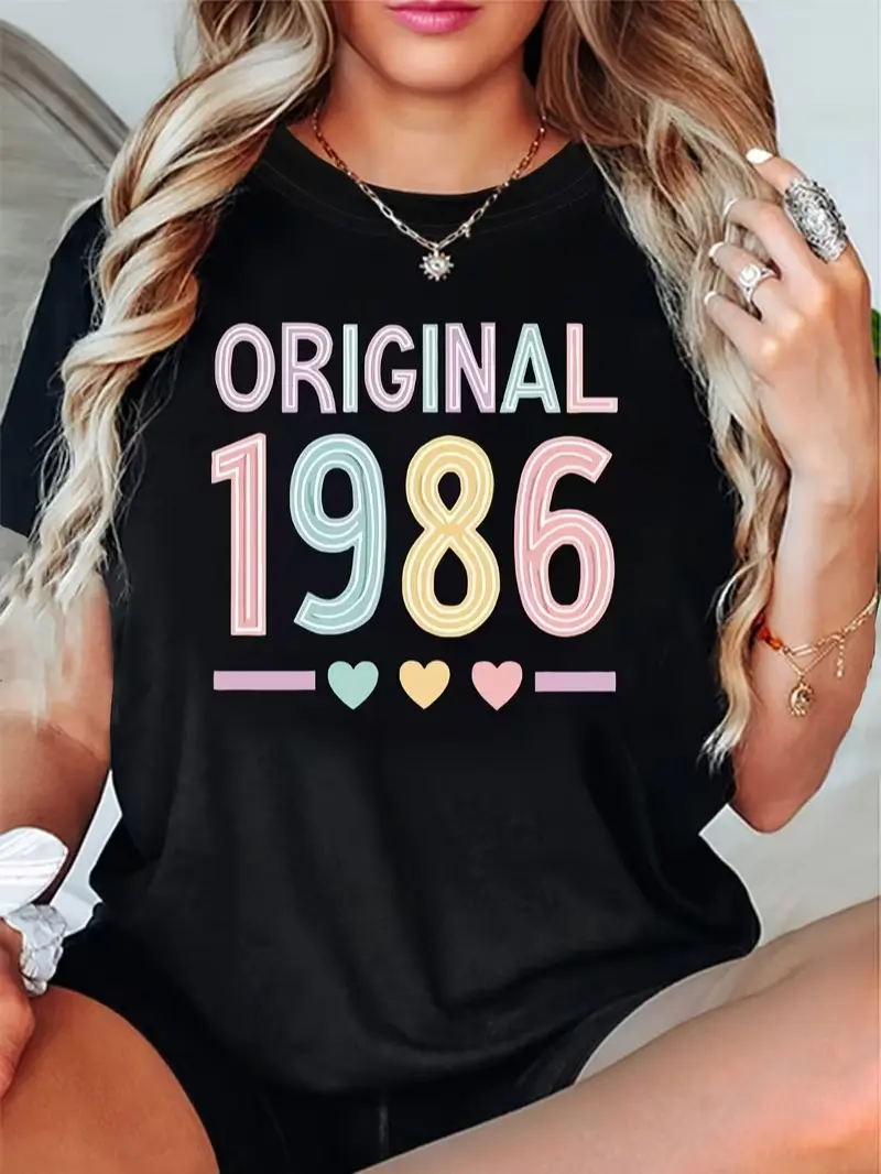 Women's Retro 1986 Graphic Tee - "Original 1986" Colorful Lettering,Heart Accents, Casual Black Short Sleeve T-Shirt,Vintage T Shirts