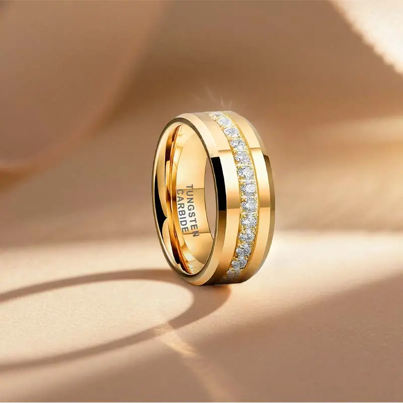 Men's 8mm Gold Tone Tungsten Wedding Band CZ Inlay Comfort Fit Scratch Resistant - Yonifu Durable Sparkle Promise Ring Anniversary Birthday Gift for Him