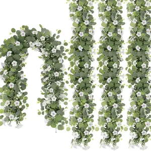 6FT Artificial Eucalyptus Garland with Morning Glory Flowers, 4 Pack Faux Greenery Vine for Wedding Arch, Wall, Table & Home Decor