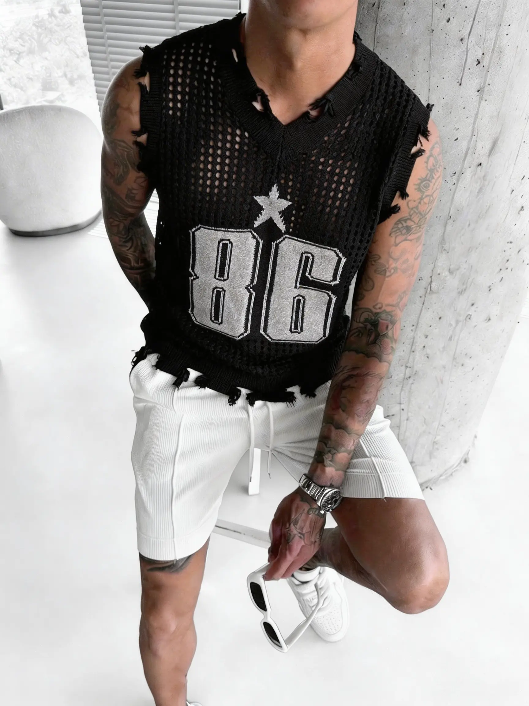 Men's Classic 86-Hole V-Neck Retro Printed Knitted Mesh Loose Fitting Vest - Raw Hem, Medium Length, Sleeveless, Layer-Ready, Breathable, Retro Hem Edge - Athletic Casual Streetwear Top for Jeans, Baggy Pants
