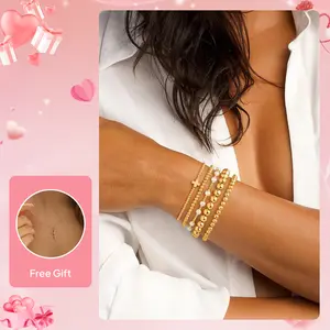 Turandoss 14K Gold Plated Beaded Bracelet Set for Women Dainty Gold Ball Pearl Cross Stackable Bracelets Jewelry for Girls Mothersdaygift