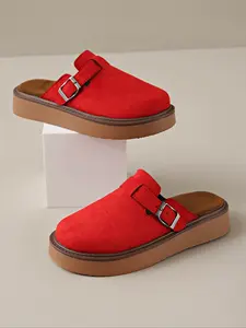 Women's New Round Toe Thick Sole Comfortable Slip-On Shoes, Slip On Mules, Casual Textile Half Slippers, All-Season Fashion Footwear