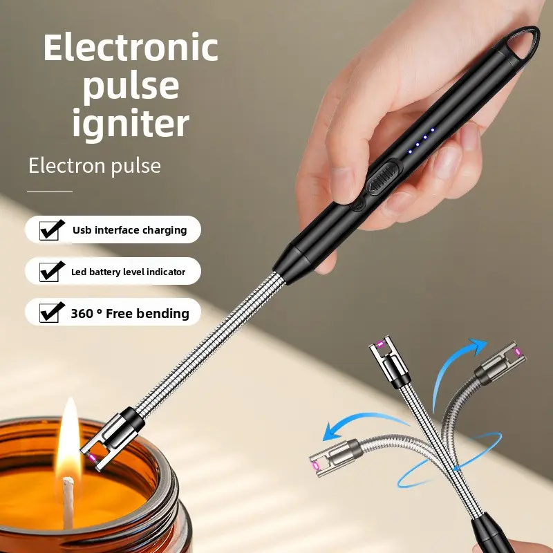 Portable Rechargeable Metal Pulse Lighter with Hose - Key Chain Self-Igniter Torch for Outdoors, Kitchen Gas Stove, Natural Gas Electronic Ignition