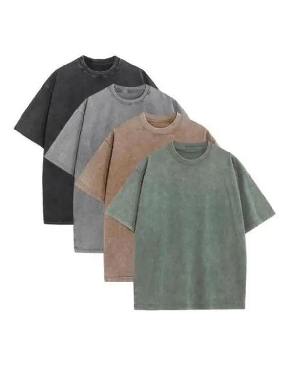 Men's 4-Pack Oversized Washed Cotton Round Neck Plain T-Shirts - Menswear Tops, Vintage Distressed Short-Sleeve Streetwear Pump Covers, Water-Resistant Breathable All Seasons Casual Fitness Wear (Black+Grey+Copper+Green)