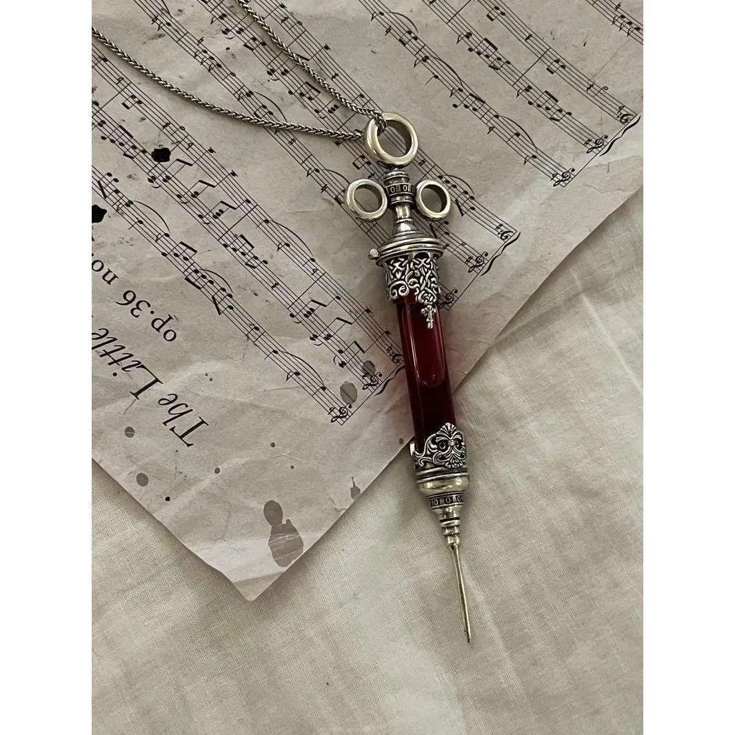 Gothic Punk Carved Syringe Pendant Necklace, Silver-Tone Medieval Witch Style Chain, Fashionable Statement Costume Jewelry