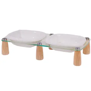 PEIYATA Ceramic Pet Feeding Double Bowl with Beech Wood Under Non-slip Pad & Acrylic Stand Glaze Weighted Food & Water Set for Cats & Small Dogs Each Bowl Capacity 13.5OZ