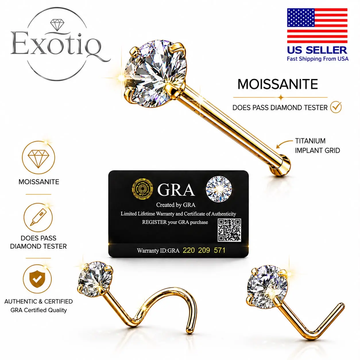 Exotiq Moissanite Stone Titanium Nose Stud Piercing 18 Gauge L Shape Bol at End Corkscrew 18K Gold PVD Plate Body Jewelry
