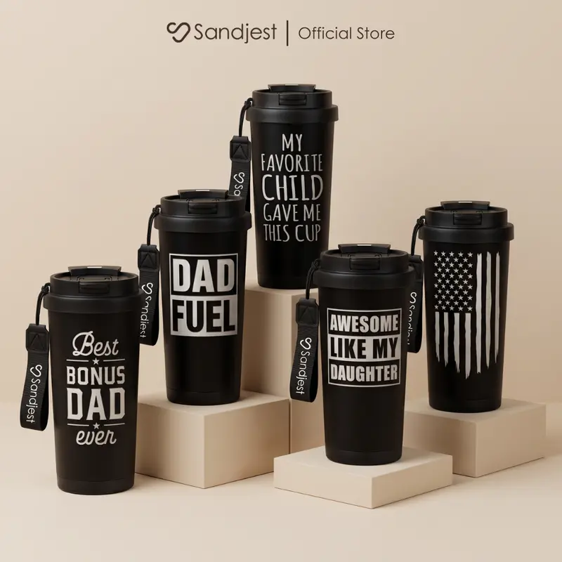 SANDJEST Dad Collection 18oz Coffee Tumbler with 2-in-1 Lid Straw & Strap, Vacuum Stainless Steel Insulated Leakproof, Portable Reusable Travel Cup, Birthday Christmas Gift for Him Father's Day