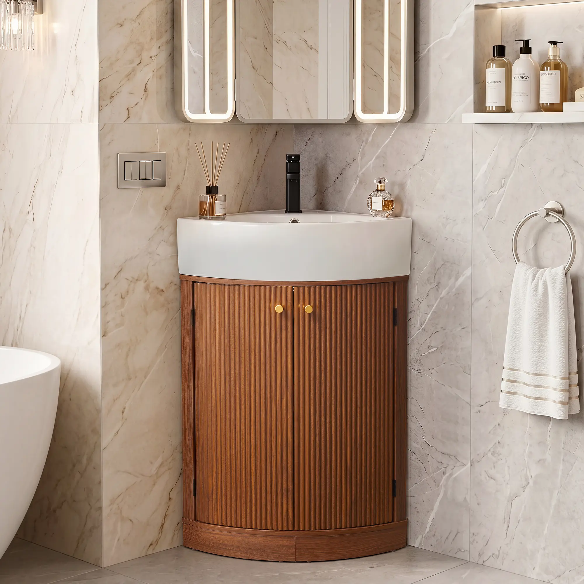 Giratree 23” Corner Bathroom Vanity with Ceramic Sink Combo for Small Space | Freestanding Curved Modern Bathroom Storage Vanity Cabinet with Fluted Wood Grain Texture