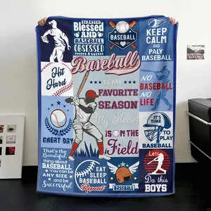 Soft Home Plush Blanket, Blue Block Baseball Element, Gold Foil Craft High Weight Classic Flannel Throw