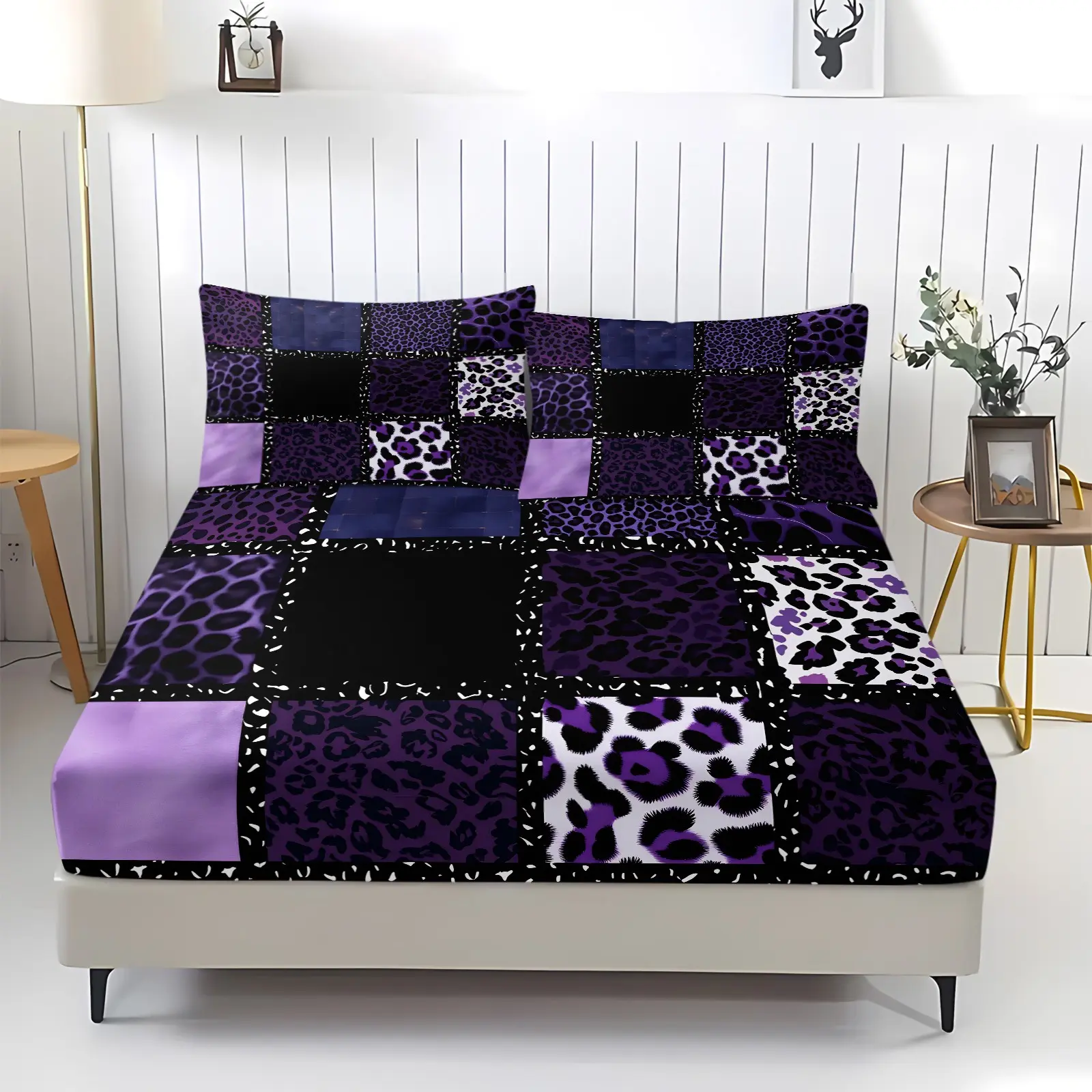 Dark Y2K Style Purple Black Leopard Patchwork Print Fitted Sheet Set, Includes 2 Pillowcases, Block, Breathable Comfort, Durable Soft Bedroom Decor, Leopard Print Bedding, Polyester Bedding Set, Bed Sheet Sets