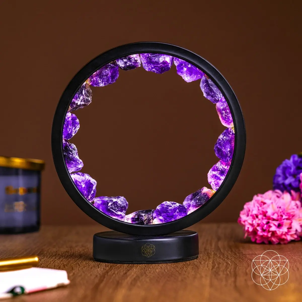 Amethyst Lamp with Amethyst Stone, Circular Frame - Spiritual Protection Light for Peaceful Glow, Household Decor & Relaxation