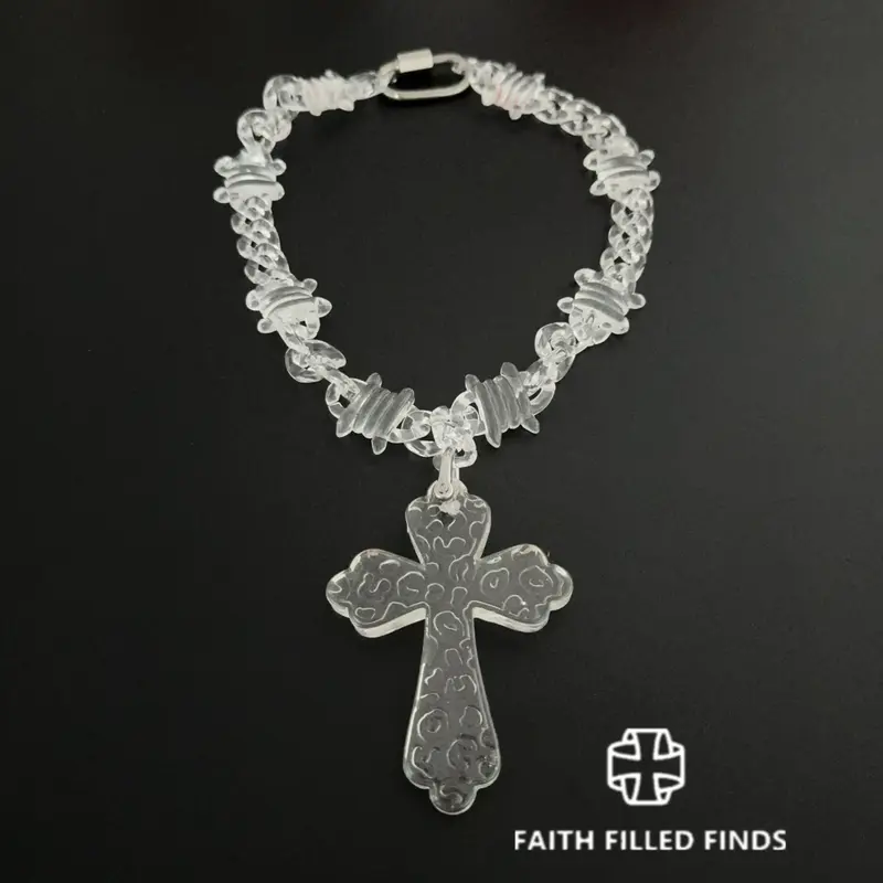 FaithFilledFinds Clear Barbed Big Cross Link Necklace, X-Ray Chain Choker with Large Cross Pendant for Men, Women, Boys, and Girls, Streetwear Chunky Chain Necklace for Daily Wear, Alternative Fashion Necklace for Birthday Gifts, Parties, Holiday Gift