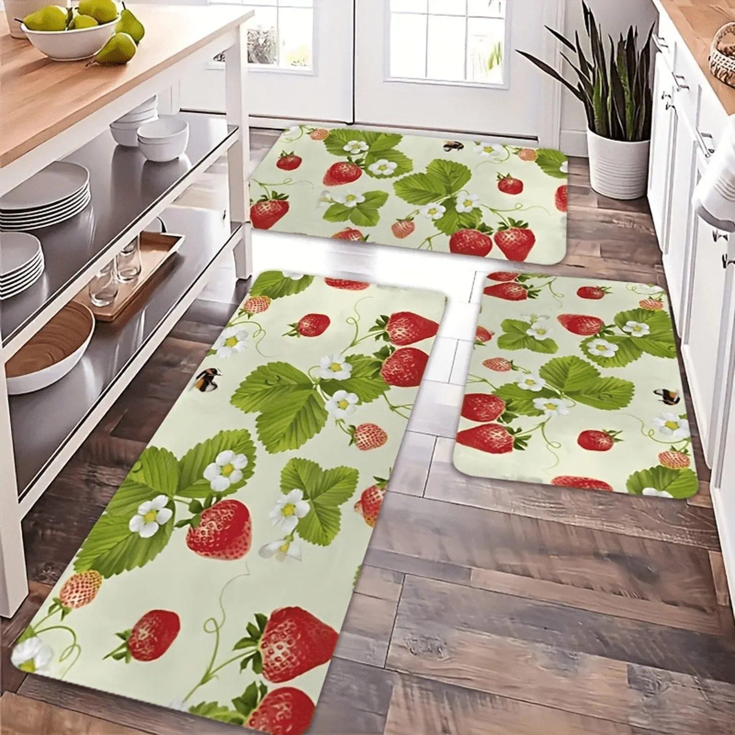 Premium Flannel 1pc Fruit Party Kitchen Decor Rug, Red Strawberries, Botanical Floral, Bathroom Anti-Slip Mat, Comfortable Soft and Floor Mat, Perfect for Doorways, Entryways, Laundry Rooms