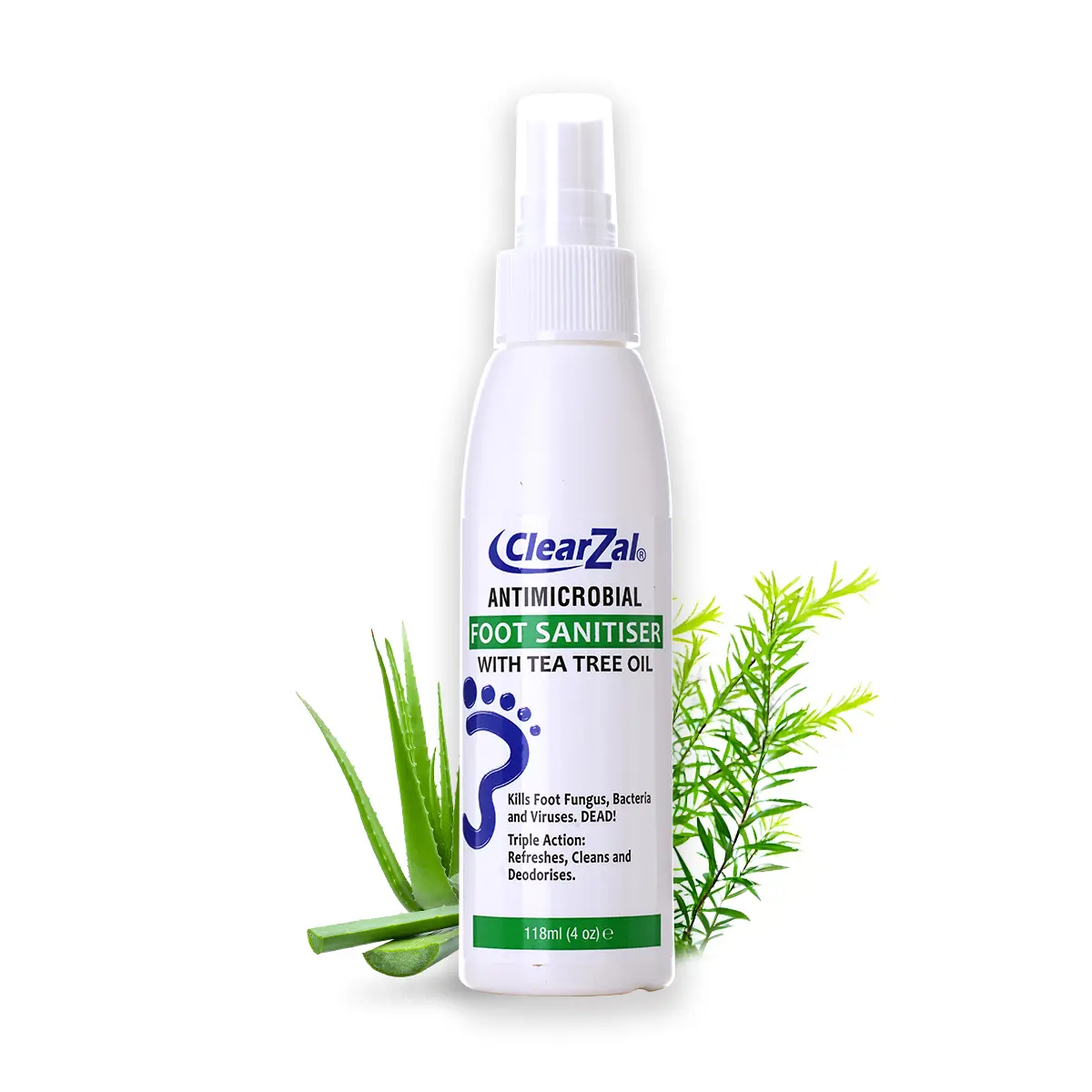 ClearZal Foot Sanitizer Spray with Tea Tree Oil, 4-Ounce Bottle ,Contains natural tea tree oil and aloe vera Long-lasting disinfectant and antibacterial spray Tinea pedis, fungal infection, burning, itching, dandruff