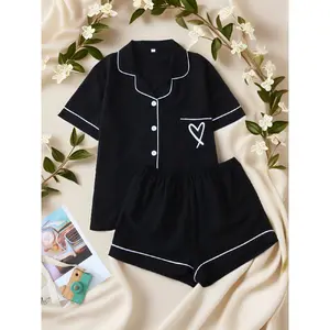 Women's All Over Print Shortsleeve Loungewear Co-ord Set, Comfort Contrast Binding Lapel Collar Pocket Top & Shorts PJ Set, Back-to-School Clothing, Summer Clothes Women, Womenswear, Sleepwear Homewear Clothing, Birthday Gifts