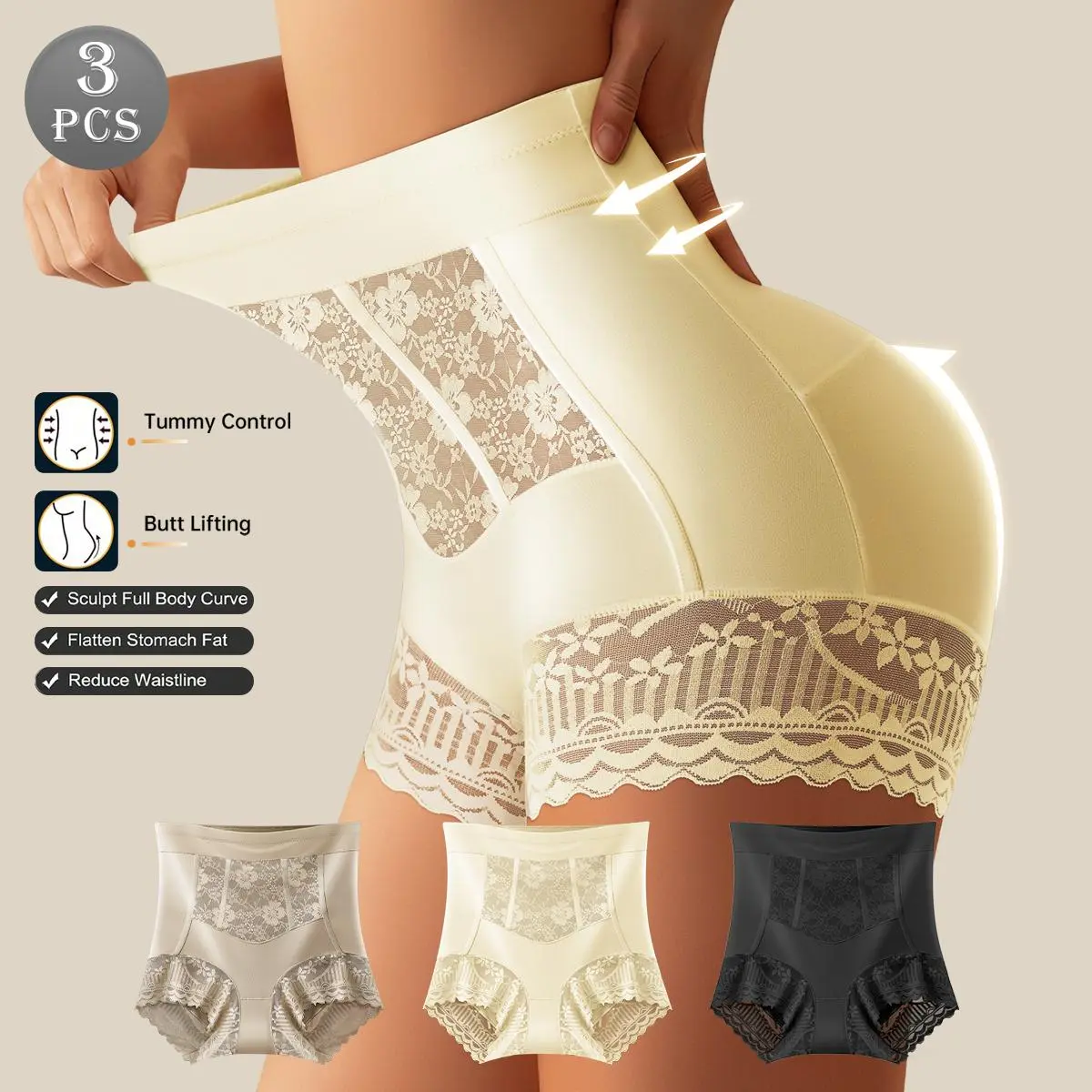 QUASTI Women's High-Waist 3/4/5/6PCS Lace Patchwork Briefs, Fashion Soft Elastic Breathable Knicker, High-Elasticity Shaping, Hip-Lifting & Abdominal Control, Elegant Daily Wear Underwear, S-XXL