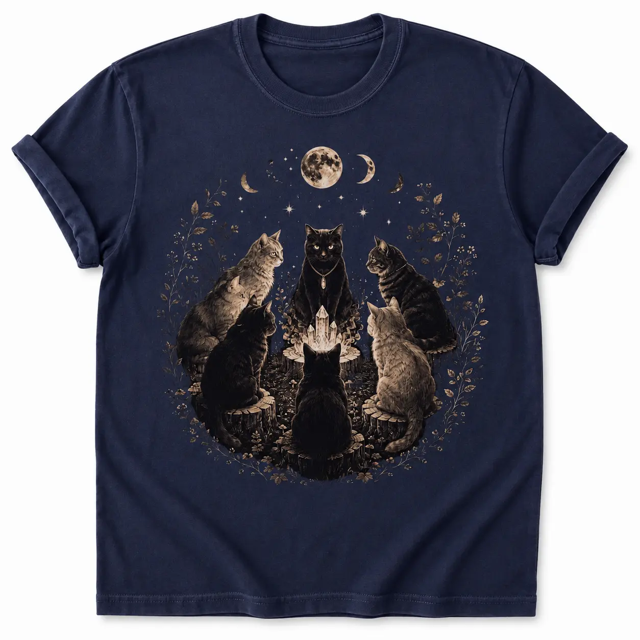Cat Coven T-Shirt, Mystical Black Cat Tee, Witchy Moon Phase Shirt, Crystal Cats Graphic Tee, Gothic Cottagecore Gift for Cat Lovers