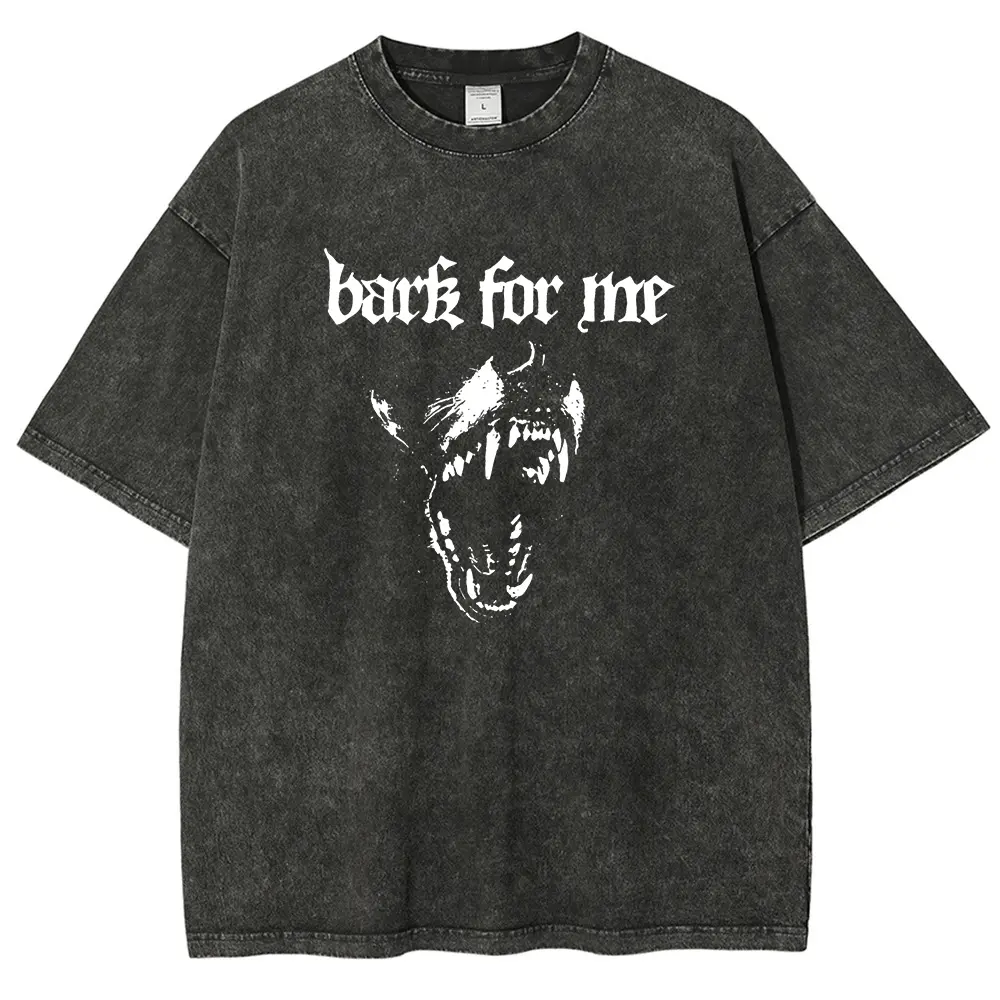 Unisex Vintage Acid Wash Oversized T Shirt for Women Men, Bark For Me Roaring Wolf Head Gothic Letter Retro Graphic Short Sleeve Tee, Grunge Dark Alternative Streetwear Stone Washed Cotton Top