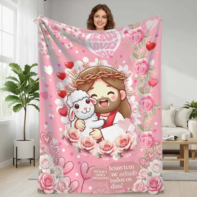 Jesus Loves You Flannel Fleece Blanket, Jesus Lamb Print, Modern Religious Love Multi-Size Ultra-Soft Cozy Throw, Ideal for Christmas Gifts & Home Decor Daily Comfort, Room Decor
