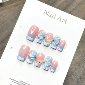Clean Girl Short Square Handmade Press On Nails, Pink & Blue 3D Floral Sculpture Fake Nails, Gentle & High-End Removable Wearable Manicure Set
